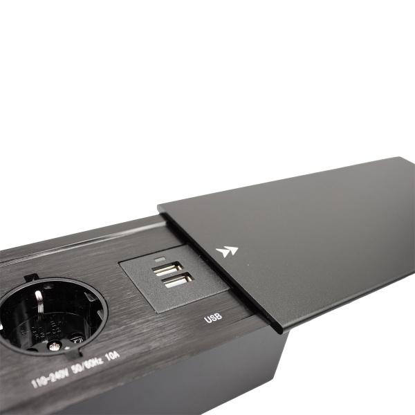 Встраиваемая, 2хEURO+2хUSB А, сдвижн. крышка, черный, усовое заземл., алюминий/железо, JX-719K