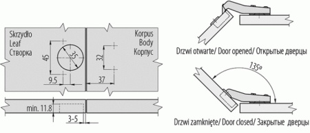 GTV Петля 45*, с планкой 2мм, БЕЗ доводчика, с еврошурупом, 45мм