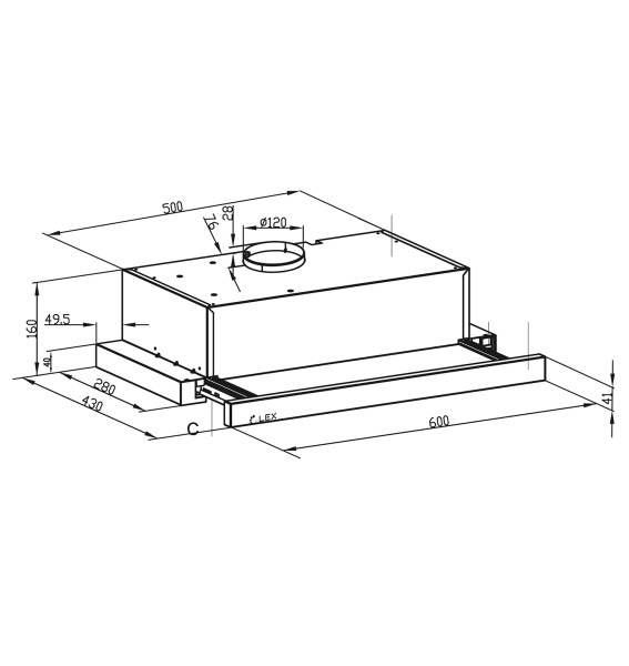 Вытяжка встраиваемая телескопическая HIDE 600 BLACK, 60см, б/угольного фильтра, черный, Lex