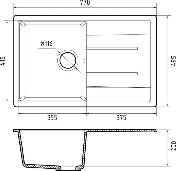 Мойка GranFest QUADRO 780L с крылом, 770х495 мм, кашемир