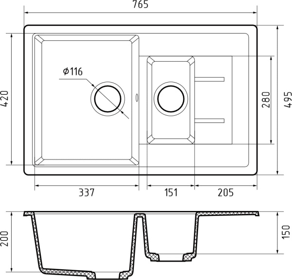 Мойка GranFest QUADRO 775KL с крылом, 765х495 мм, кашемир