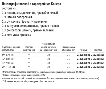 Пантограф Конеро, 625-808мм, нагрузка 12 кг, с креплением под полку, шампань, Kessebohmer