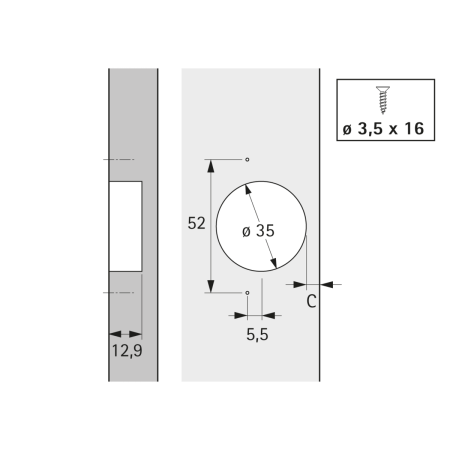 Специальная петля ЕТ 582 для фасадов встроенных холодильников, 95°, d=35мм, с планкой