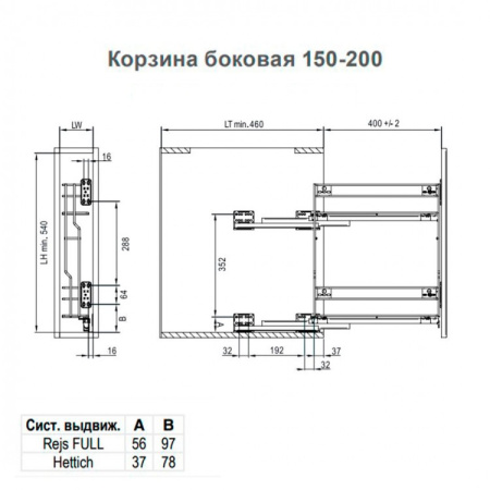 Корзина 200мм, 2 яруса, 140x430x450мм, правая, боковое креп. (п/в направл.), оцинк, CargoMini, Rejs