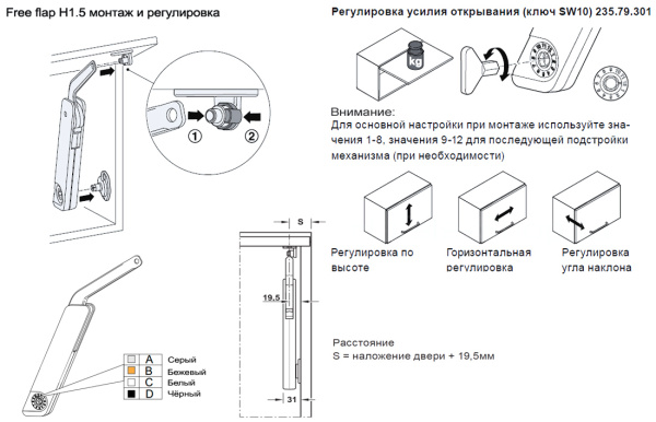 Подъемник ФриЛайт (тип D), Ш=200-1 200мм, В=275-600мм, 1,2-12,5 кг, правый, серый, Hafele