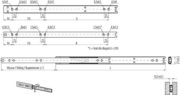 Направляющие частичного выдвижения, L=400мм, h=27мм, без плавного закрывания, GTV