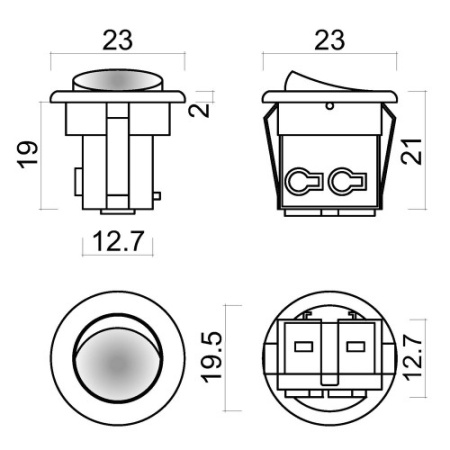 Выключатель врезной, Ø23мм, 250В/6А, пружинные терминалы, белый