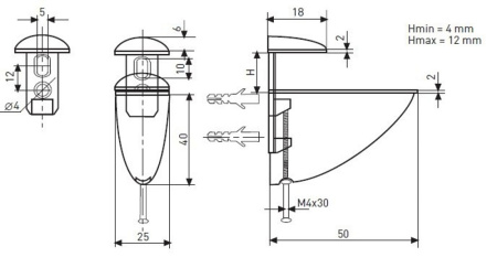 Полкодержатель 304 для ДСП, стекла и пластика, h=12мм, 10кг на пару, металл, матовый хром, JET