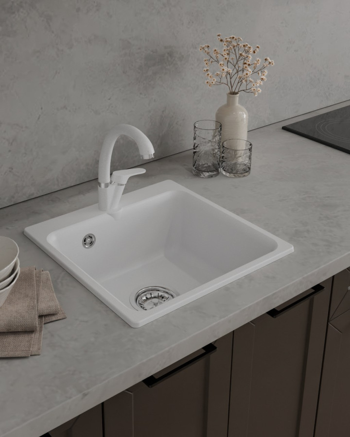 Мойка ЭкоМ М-430, 432х432мм, мрамор, белый (без сифона)