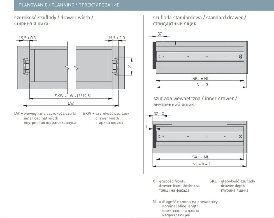 Направляющие полновыкатные h=53мм, L=700мм, цинк