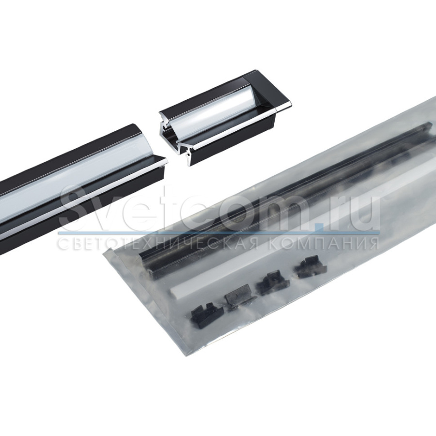 Профиль врезной угловой 20х10х2000мм, лента ≤8мм, черный (диффузор, 2+2 заглушки)