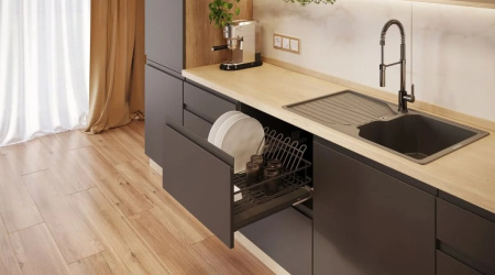 Сушка выкатная в нижний шкаф 600мм, с креп. фасада, с поддоном, без направ, антрацит, GTV