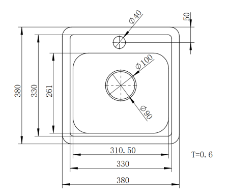 Мойка врезная, 380х380х150х0,6мм, глянец, универсальная+сифон, CMF