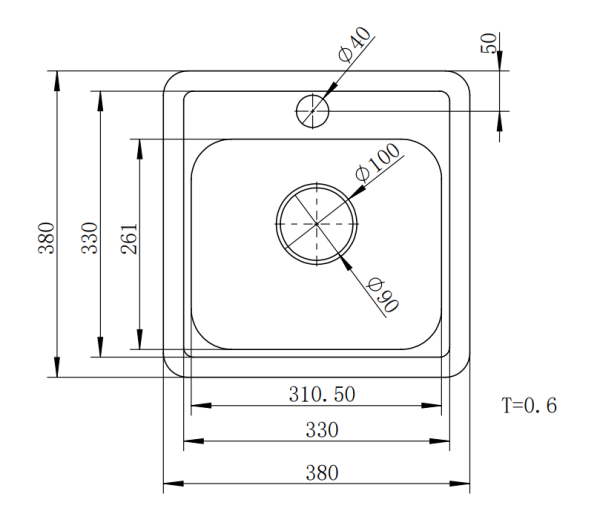 Мойка врезная, 380х380х150х0,6мм, глянец, универсальная+сифон, CMF