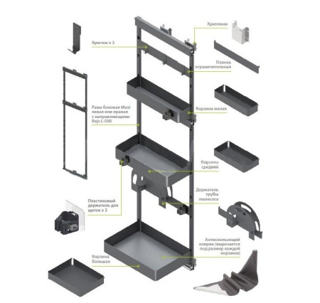 Стеллаж выкатной с 3 корзинами, h=1700мм, L=500мм,в базу на 400мм, правый, полн выдвиж, графит, Reis