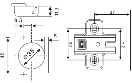 GTV Петля -45*, с планкой 4,5мм, без доводчика, БЕЗ еврошурупа, 45мм