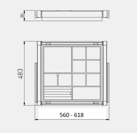 Корзина с органайзером в шкаф на 600мм, 485х560х80мм, полное выдвижение, с доводчиком, антрацит