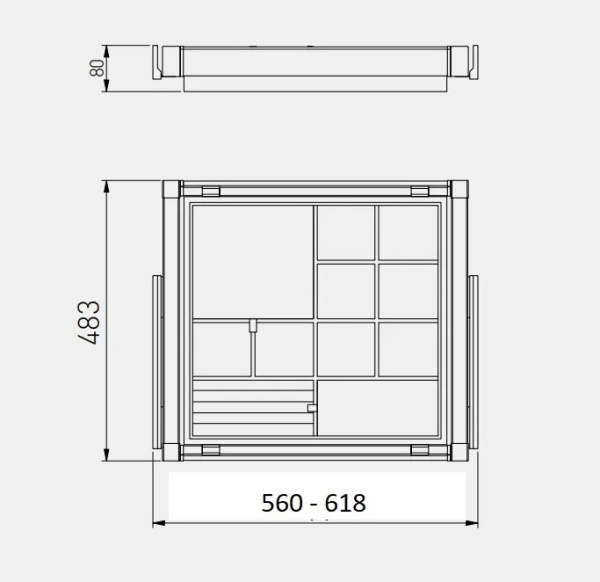 Корзина с органайзером в шкаф на 600мм, 485х560х80мм, полное выдвижение, с доводчиком, антрацит