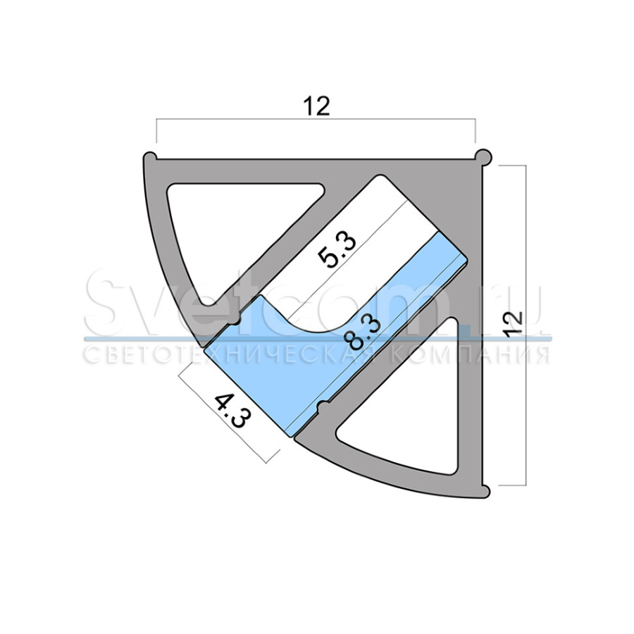 Профиль накладной угловой 12х12х3000мм, лента ≤5мм, алюминий (диффузор силик., 3+3 загл.+12 высечек)