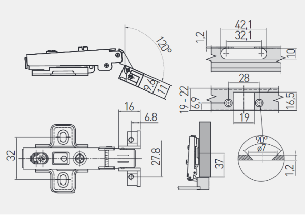 GTV Петля накладная для алюмин. рамок с клипом, с планкой 2мм, БЕЗ доводчика, БЕЗ еврошурупа