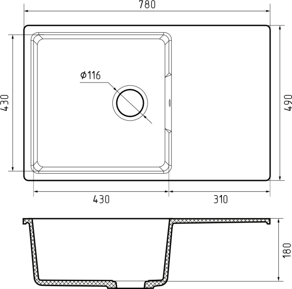 Мойка GranFest URBAN 678L, 780х490 мм, белый