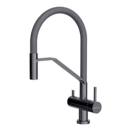 Смеситель Akeno-GM-GR, латунь, вороненая сталь/серый гибкий шланг