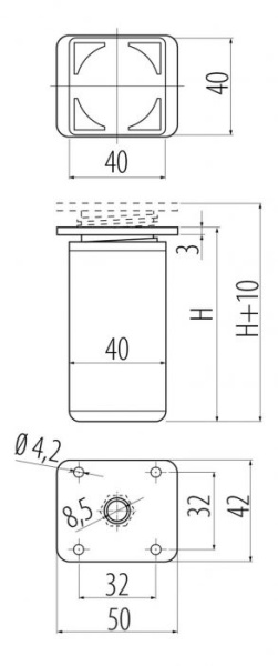 Опора регулируемая, 40х40мм, h= 60мм, алюминий/пластик, GTV