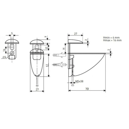Полкодержатель 304 для ДСП, стекла и пластика, h=16мм, 12кг на пару, металл, золото, JET