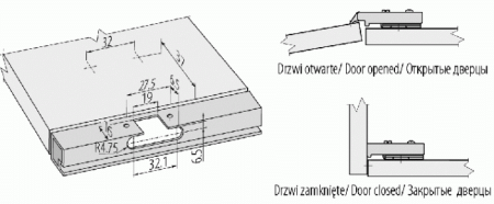 GTV Петля накладная для алюмин. рамок с клипом, с планкой 0мм, с доводчиком, БЕЗ еврошурупа
