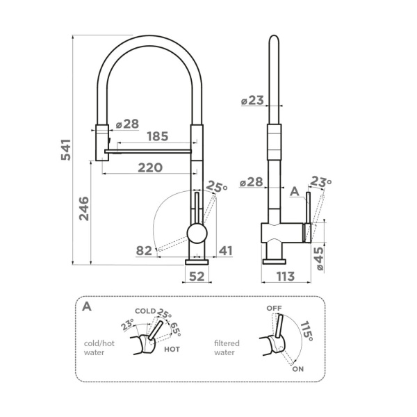 Смеситель Kanto-2 Plus-SB-GM-R, латунь, вороненая сталь/красный гибкий шланг
