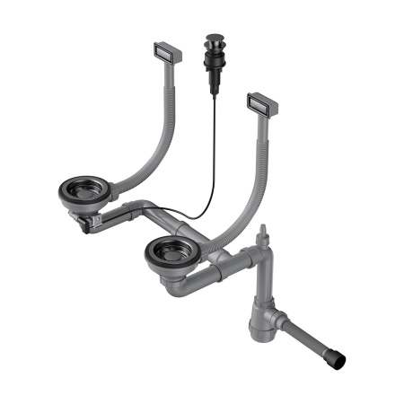 Арматура для двухчашевых моек WK-2-A-GM, прямоуг. перелив, клапан-автомат, вороненая сталь