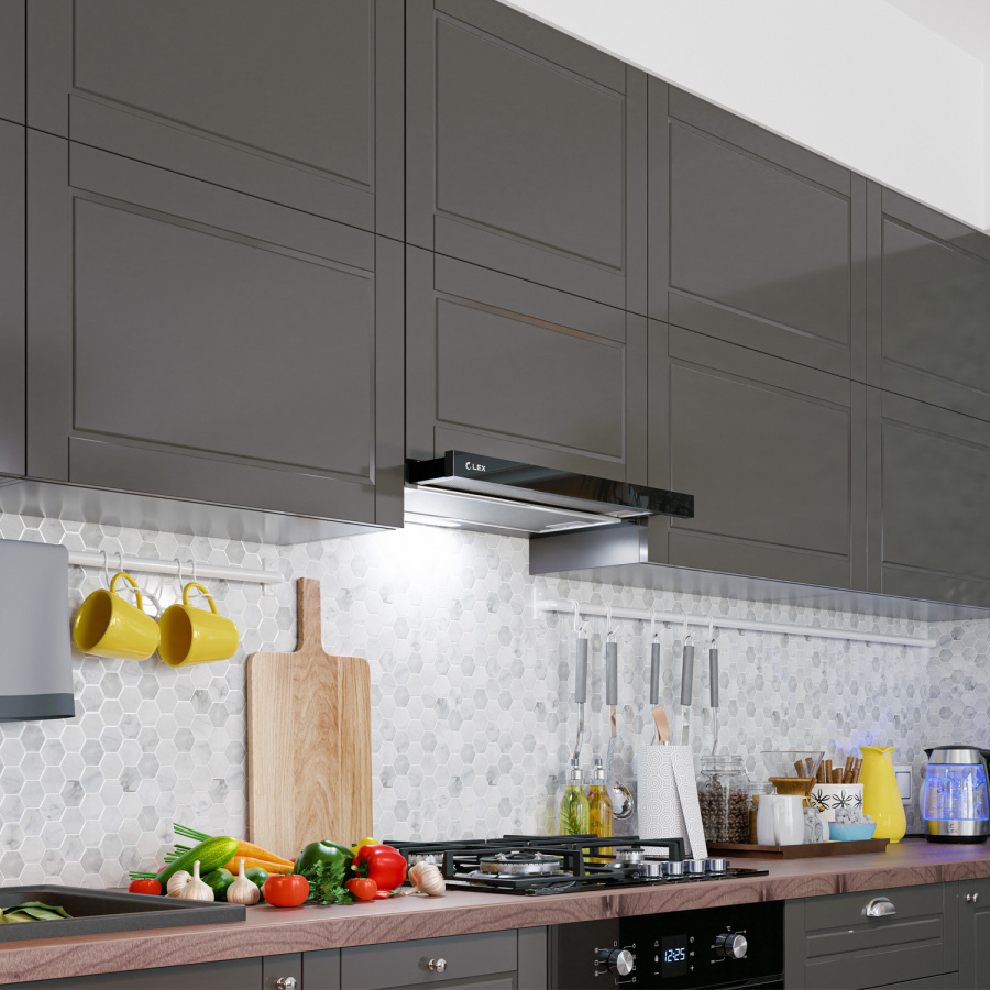 Вытяжка встраиваемая телескопическая HIDE 600 BLACK, 60см, б/угольного фильтра, черный, Lex