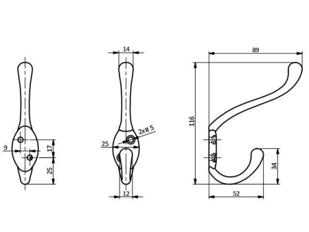Крючок, MALAGA A0, двухрожковый, металл, черный, GTV