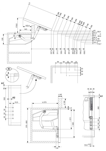 Подъемный механизм Фри Свинг, S4sw, h=370-500мм, 3,1-6,5кг, без крышек, Kessebohmer