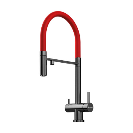 Смеситель Kanto-GM, латунь, вороненая сталь/красный гибкий шланг