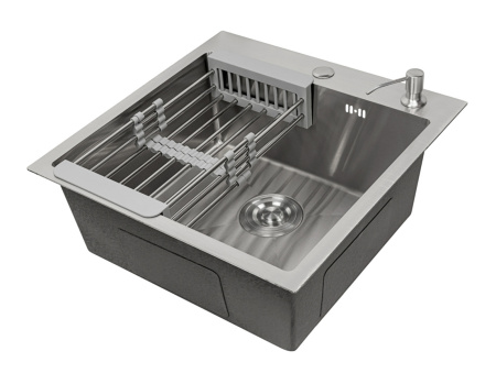 Мойка врезная Ладога 53, 530х430х220мм, нерж. сталь SS201, браш. сталь, дозатор+корзина, CMF