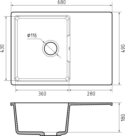 Мойка GranFest URBAN 668L, 680х490 мм, серый