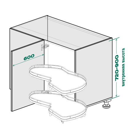 Механизм Леманс 600мм в угловой шкаф, 2 полки, H 720-900мм, правый, хром, Kessebohmer