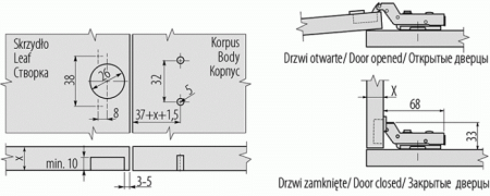 GTV Петля MINI внутренняя, с планкой 0мм, с доводчиком, с еврошурупом