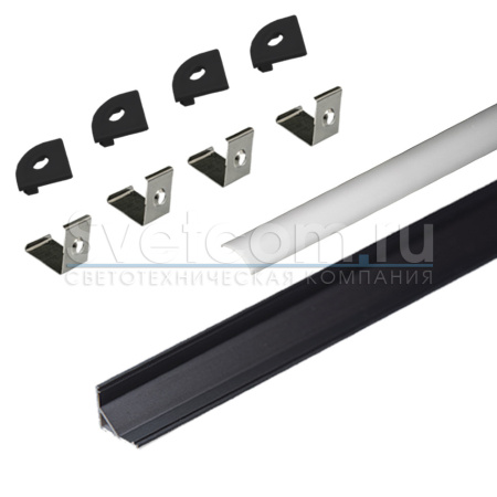 Профиль накладной угловой 16х16х3000мм, треугольный, лента ≤10мм, черный.(диффуз.+загл.+клипсы)