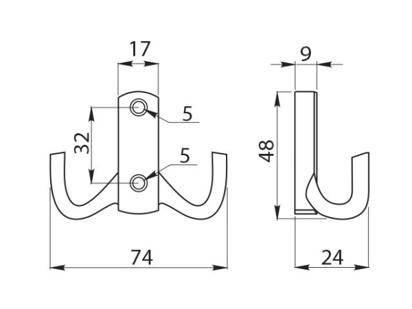 Крючок, K23-E1, двухрожковый, металл, хром, GTV