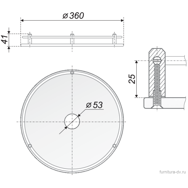Полка боковая стеклянная с рейлингом, d=350мм, бронза