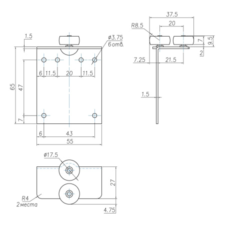 Комплект роликов под ДСП 16 мм (2 верх+2 низ), нагрузка до 50кг