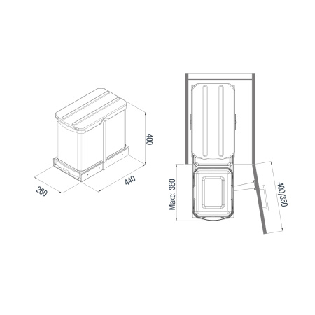 Контейнер для мусора выдвижной, 16л+1л, 260х440х400мм, в шкаф на 400мм, металл/пластик, нерж. сталь