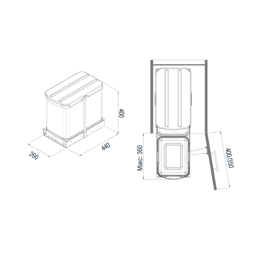 Контейнер для мусора выдвижной, 16л+1л, 260х440х400мм, в шкаф на 400мм, металл/пластик, нерж. сталь