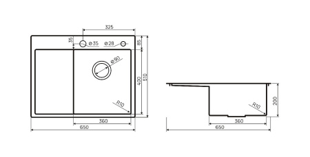 Мойка врезная Ильмень 65, 510х650х200мм, нерж. сталь SS201, браш. сталь, дозатор+корз, правая, CMF