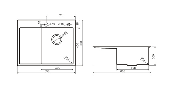 Мойка врезная Ильмень 65, 510х650х200мм, нерж. сталь SS201, браш. сталь, дозатор+корз, правая, CMF
