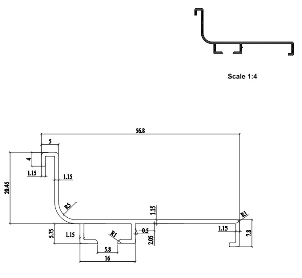 Ручка-профиль Г-образная верхняя, для нижних баз, L=4,05м, черный анодированный