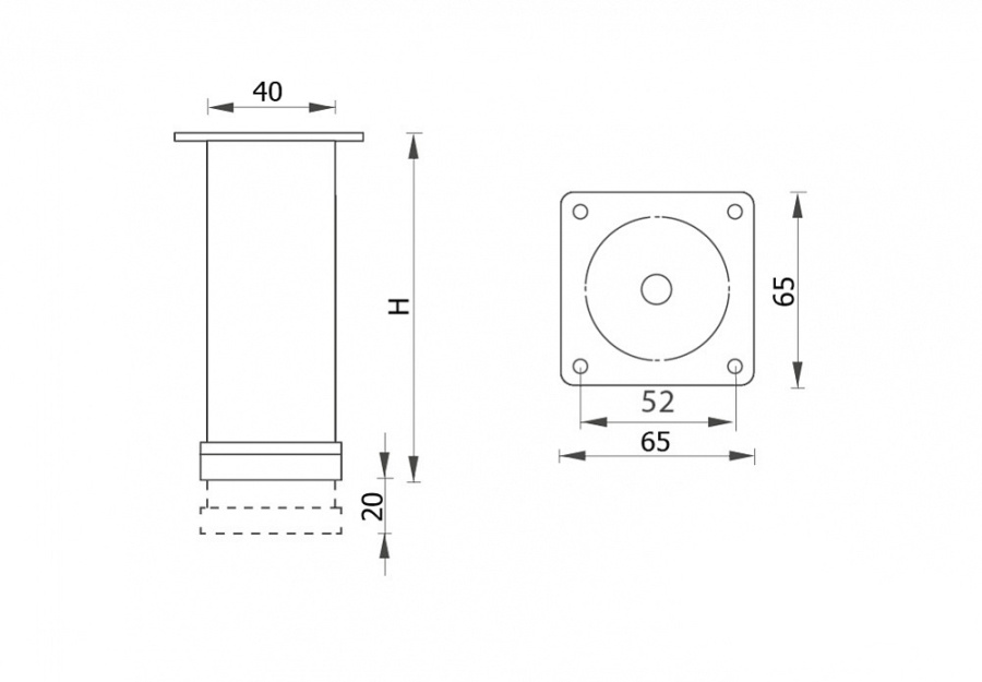 Опора регулируемая, 40х40мм, h=150мм, металл, хром, JET