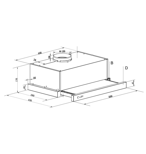 Вытяжка встраиваемая телескопическая HOGAN 500 BLACK, 50см, б/угольного фильтра, черный, Lex